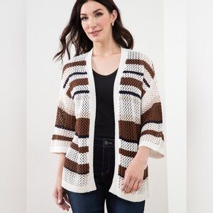 🆕 Cleo Sz XXL Open-knit Crochet-Style Cardigan White Brown Navy Blue Stripes